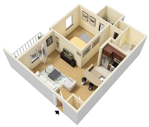 Floor plan for 1 bed, 1 bath, 750 sqft